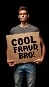 person in gray and blue shirt and blue denim jeans with cool fraud bro sign