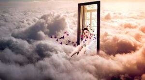 Woman seated in window in clouds surrounded by obsessive thoughts